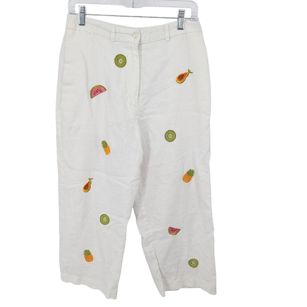 Sarah Spencer Linen Fruit Embroidered Pants Women 8P Petite White Crop Tropical